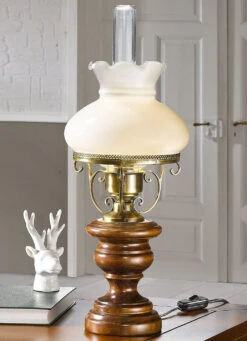 Tischleuchte Aus Messingbeschichtetem Eisen Und Holz